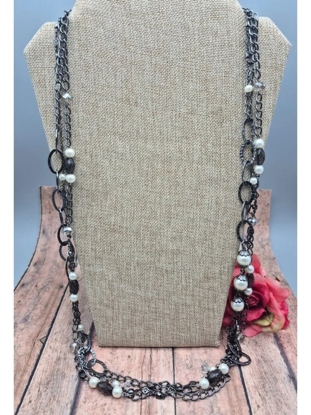 Premier Design Gun Metal Chain Necklace Faux Pearls Hammered Links Multi Strand
